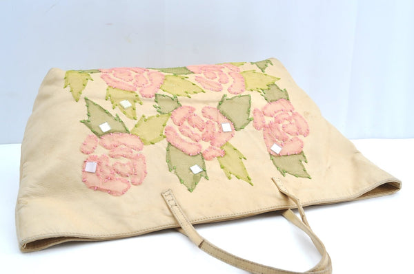 Authentic FENDI Flower Motif Bijou Leather Shoulder Tote Bag Beige K5326