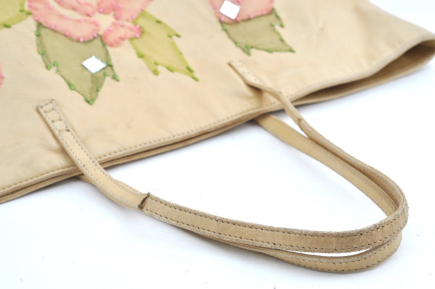 Authentic FENDI Flower Motif Bijou Leather Shoulder Tote Bag Beige K5326