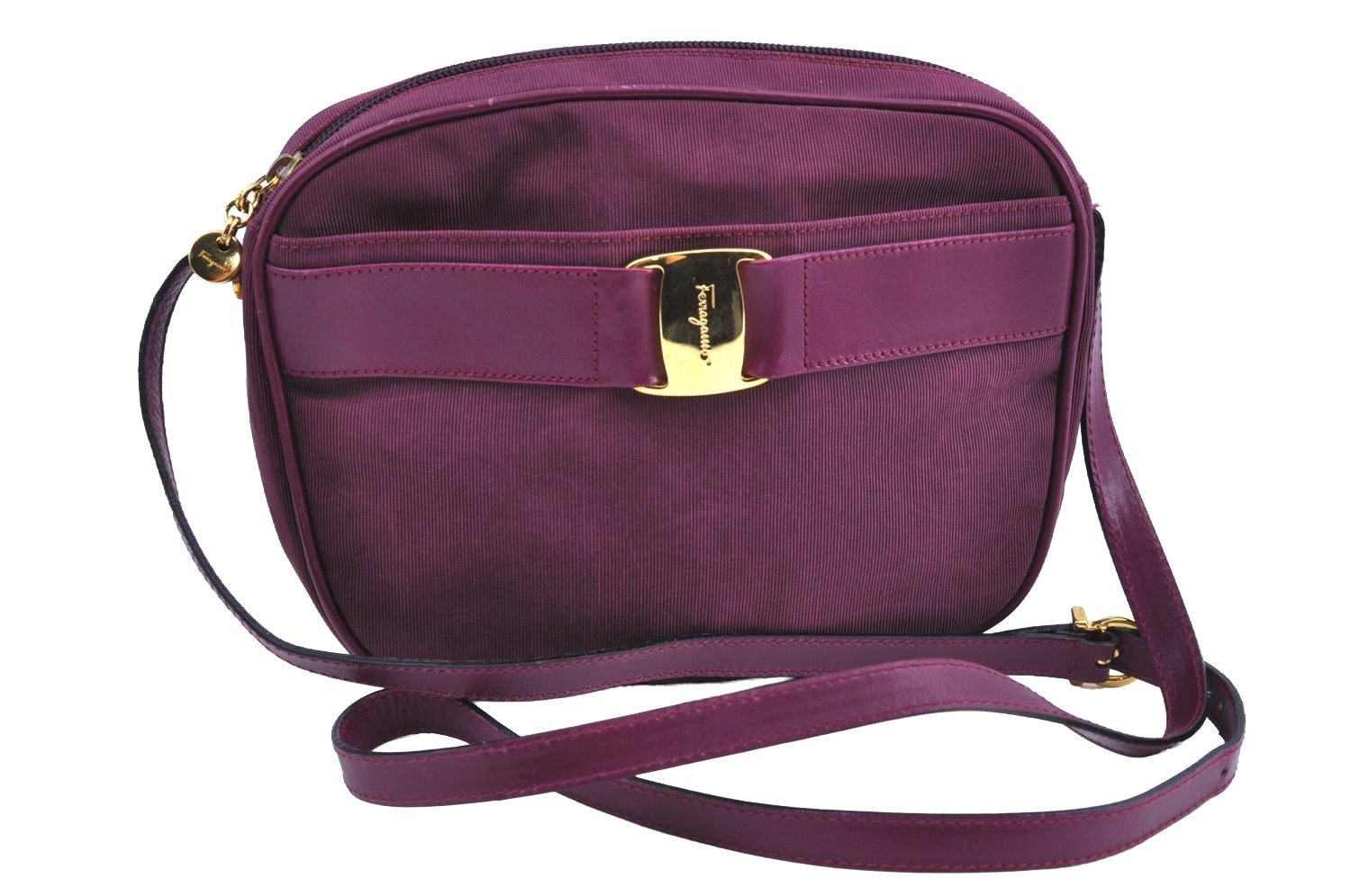 Authentic Salvatore Ferragamo Vara Shoulder Cross Bag Nylon Leather Purple K5337