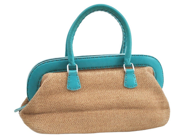 Authentic FENDI Selleria Hand Bag Purse Straw Leather Beige Light Blue K5339