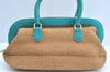Authentic FENDI Selleria Hand Bag Purse Straw Leather Beige Light Blue K5339