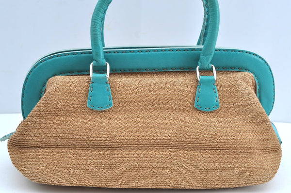 Authentic FENDI Selleria Hand Bag Purse Straw Leather Beige Light Blue K5339