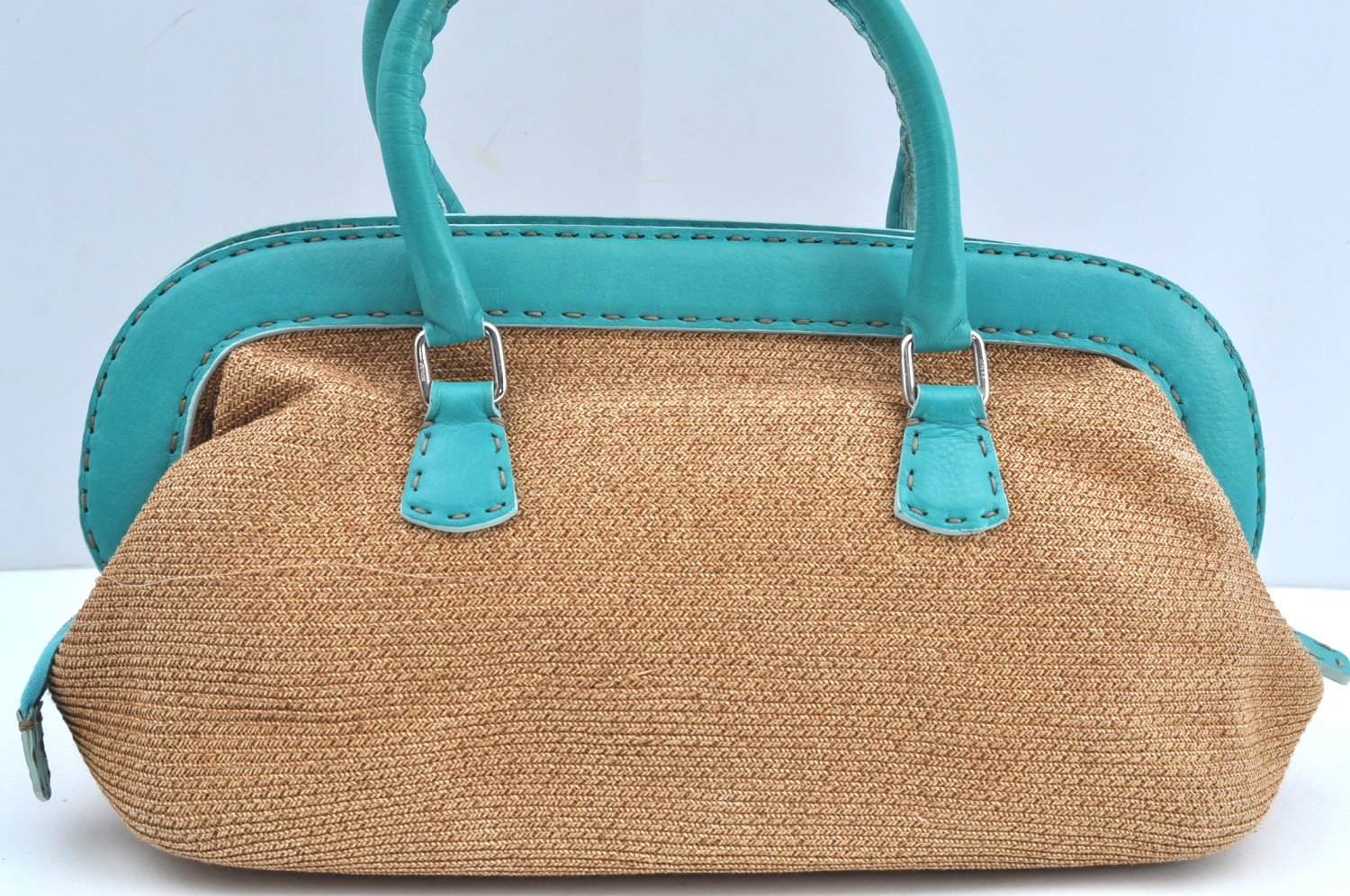 Authentic FENDI Selleria Hand Bag Purse Straw Leather Beige Light Blue K5339