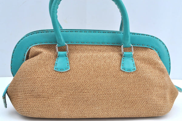 Authentic FENDI Selleria Hand Bag Purse Straw Leather Beige Light Blue K5339