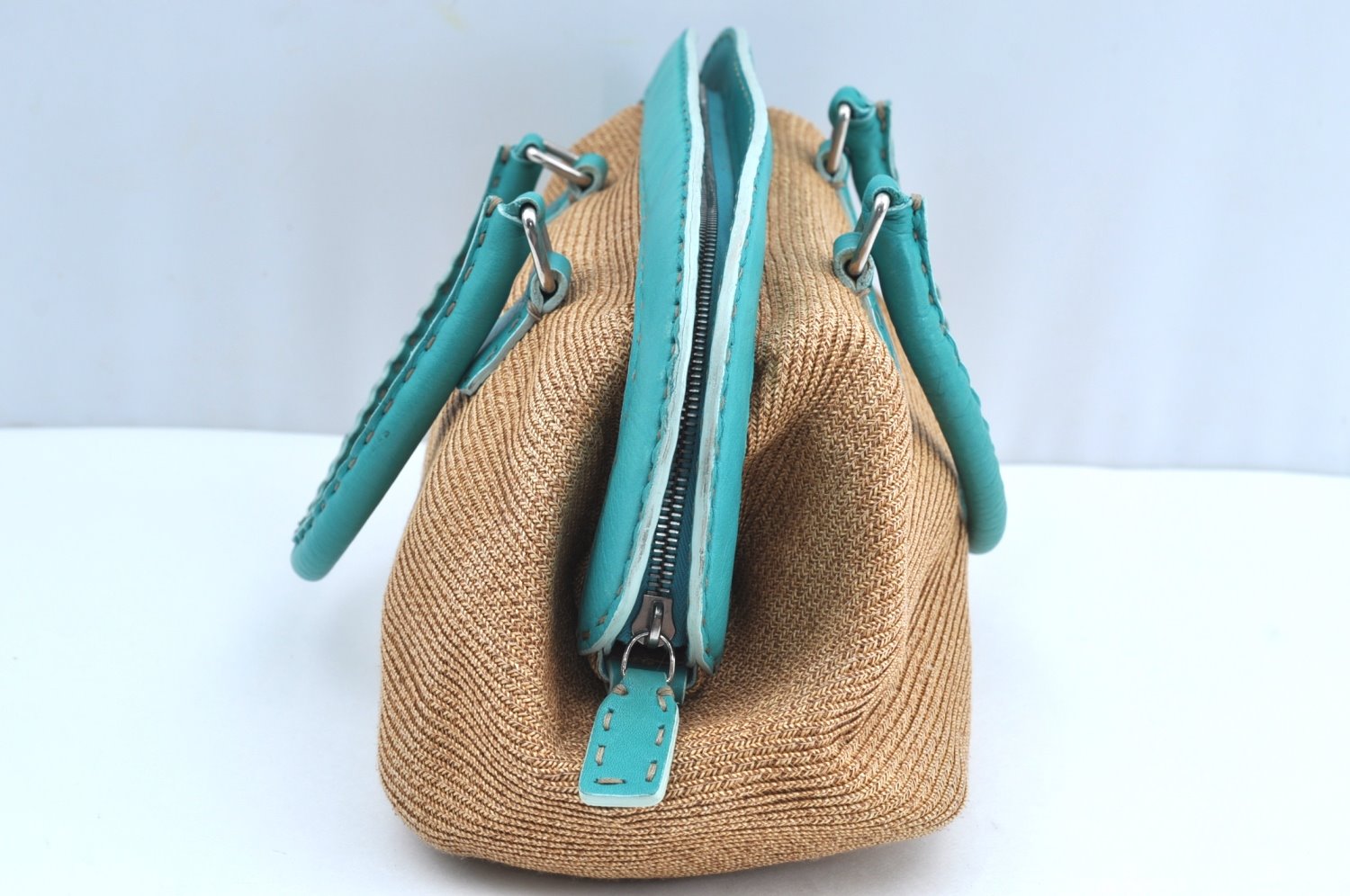 Authentic FENDI Selleria Hand Bag Purse Straw Leather Beige Light Blue K5339