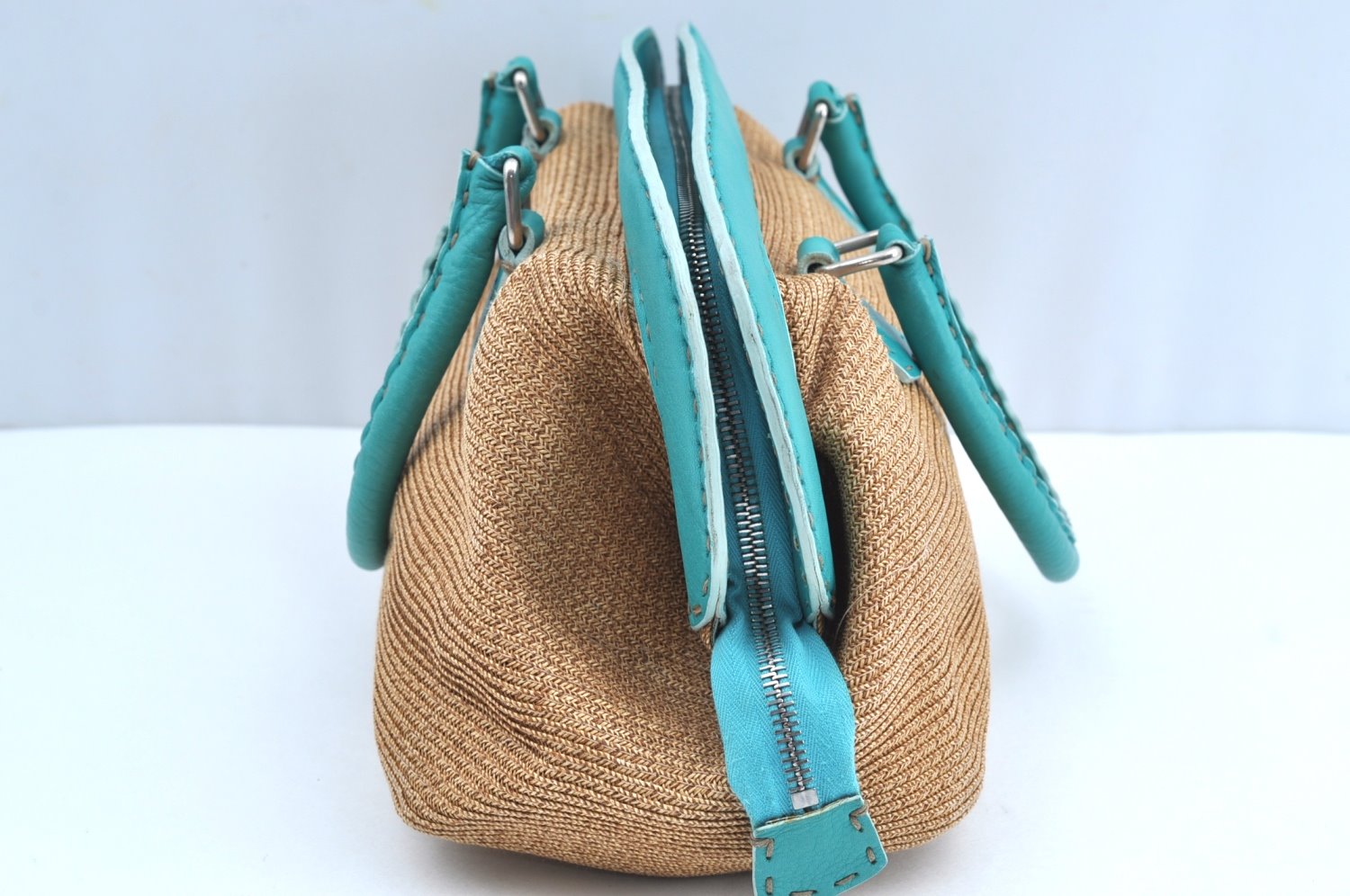 Authentic FENDI Selleria Hand Bag Purse Straw Leather Beige Light Blue K5339