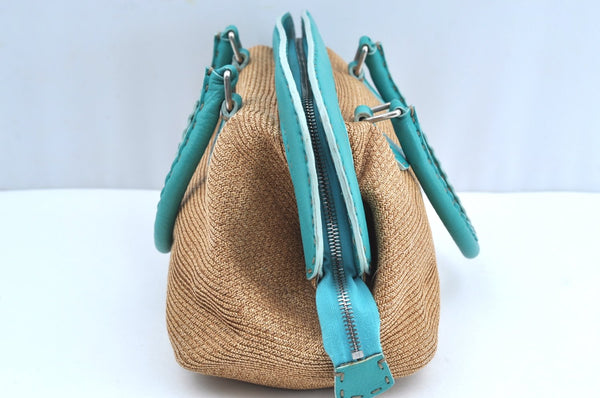 Authentic FENDI Selleria Hand Bag Purse Straw Leather Beige Light Blue K5339