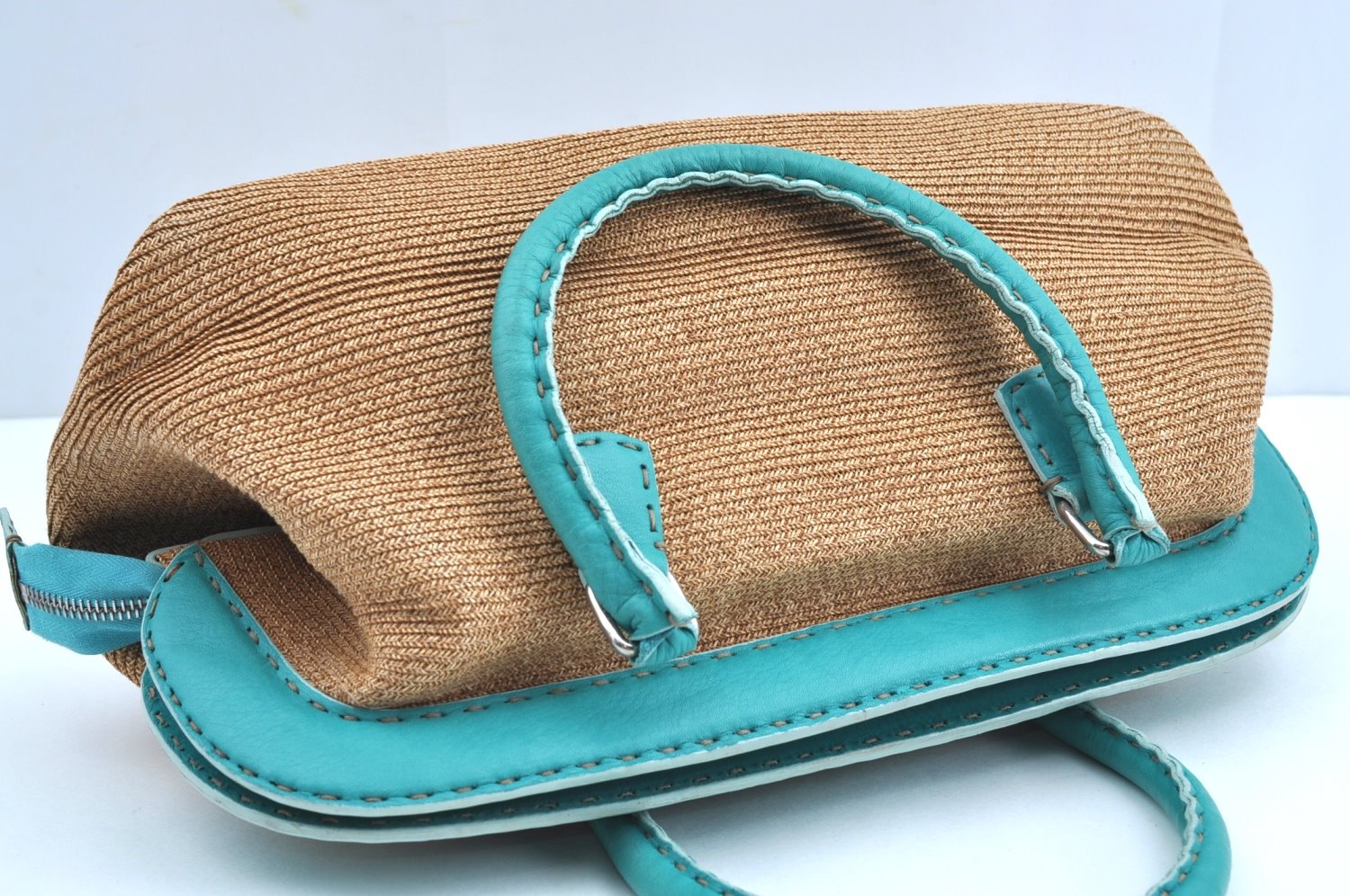 Authentic FENDI Selleria Hand Bag Purse Straw Leather Beige Light Blue K5339