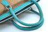 Authentic FENDI Selleria Hand Bag Purse Straw Leather Beige Light Blue K5339