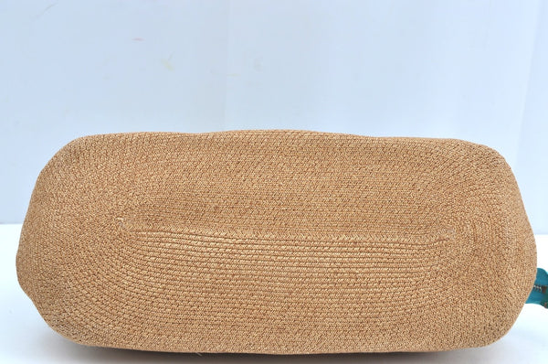 Authentic FENDI Selleria Hand Bag Purse Straw Leather Beige Light Blue K5339