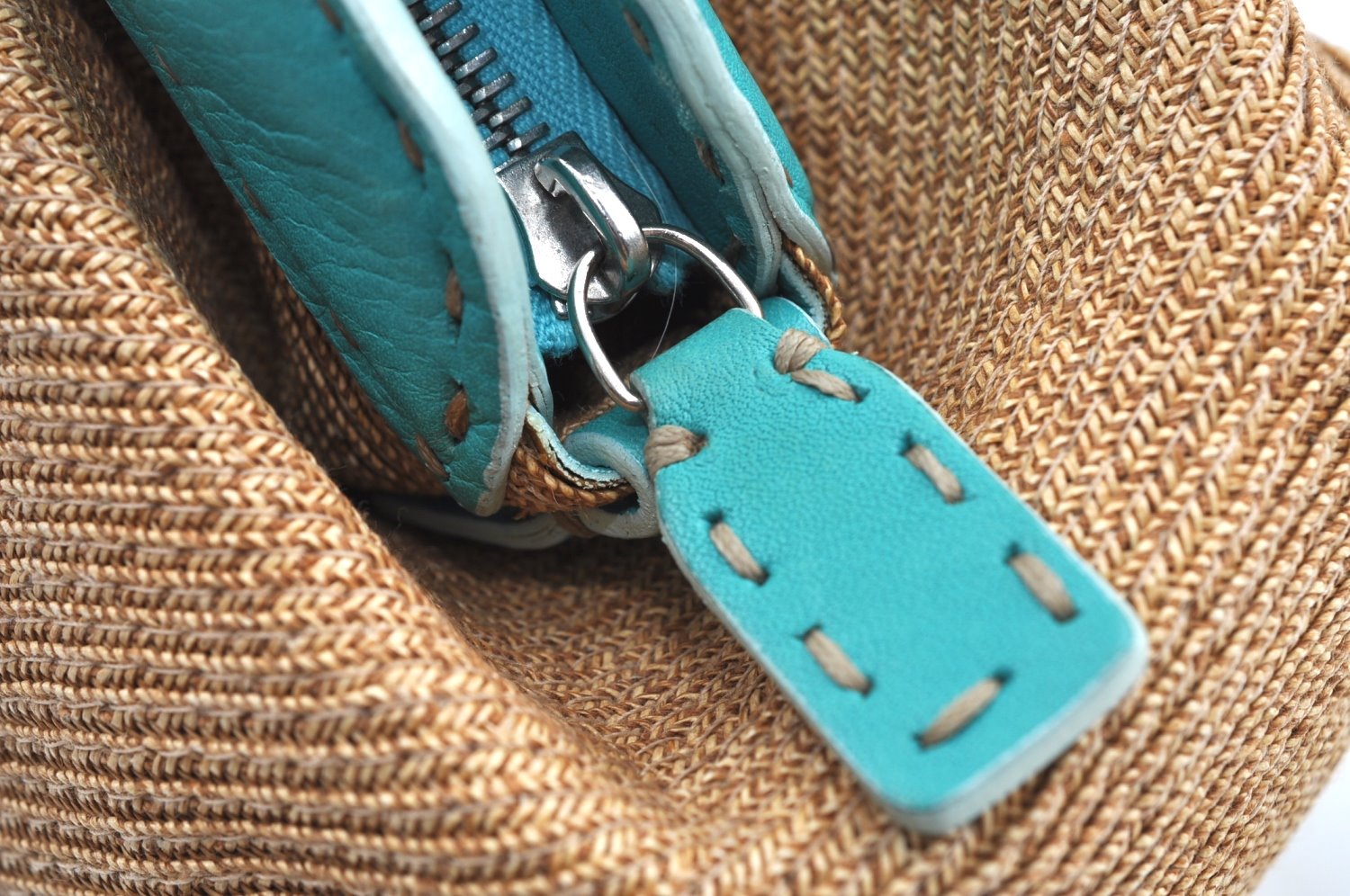 Authentic FENDI Selleria Hand Bag Purse Straw Leather Beige Light Blue K5339