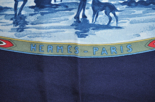 Authentic HERMES Carre 90 Scarf "CAVALIERS PEULS" Silk Navy Blue K5342