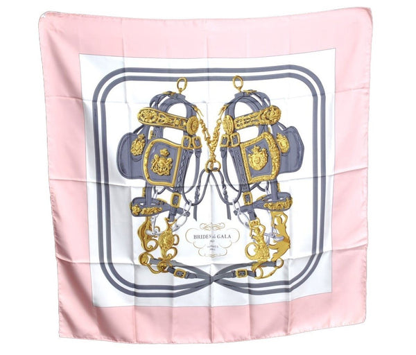 Authentic HERMES Carre 90 Scarf "BRIDES de GALA" Silk LightPink White K5343