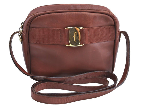 Authentic Salvatore Ferragamo Vara Shoulder Cross Body Bag Leather Brown K5344