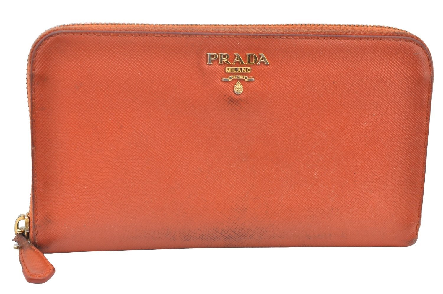 Authentic PRADA Saffiano Leather Round Zip Long Wallet Purse Orange K5346