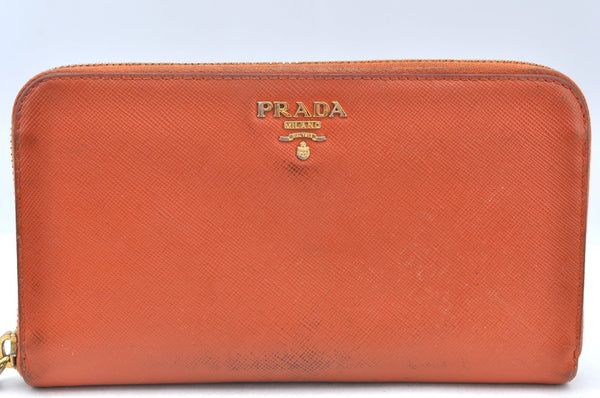 Authentic PRADA Saffiano Leather Round Zip Long Wallet Purse Orange K5346