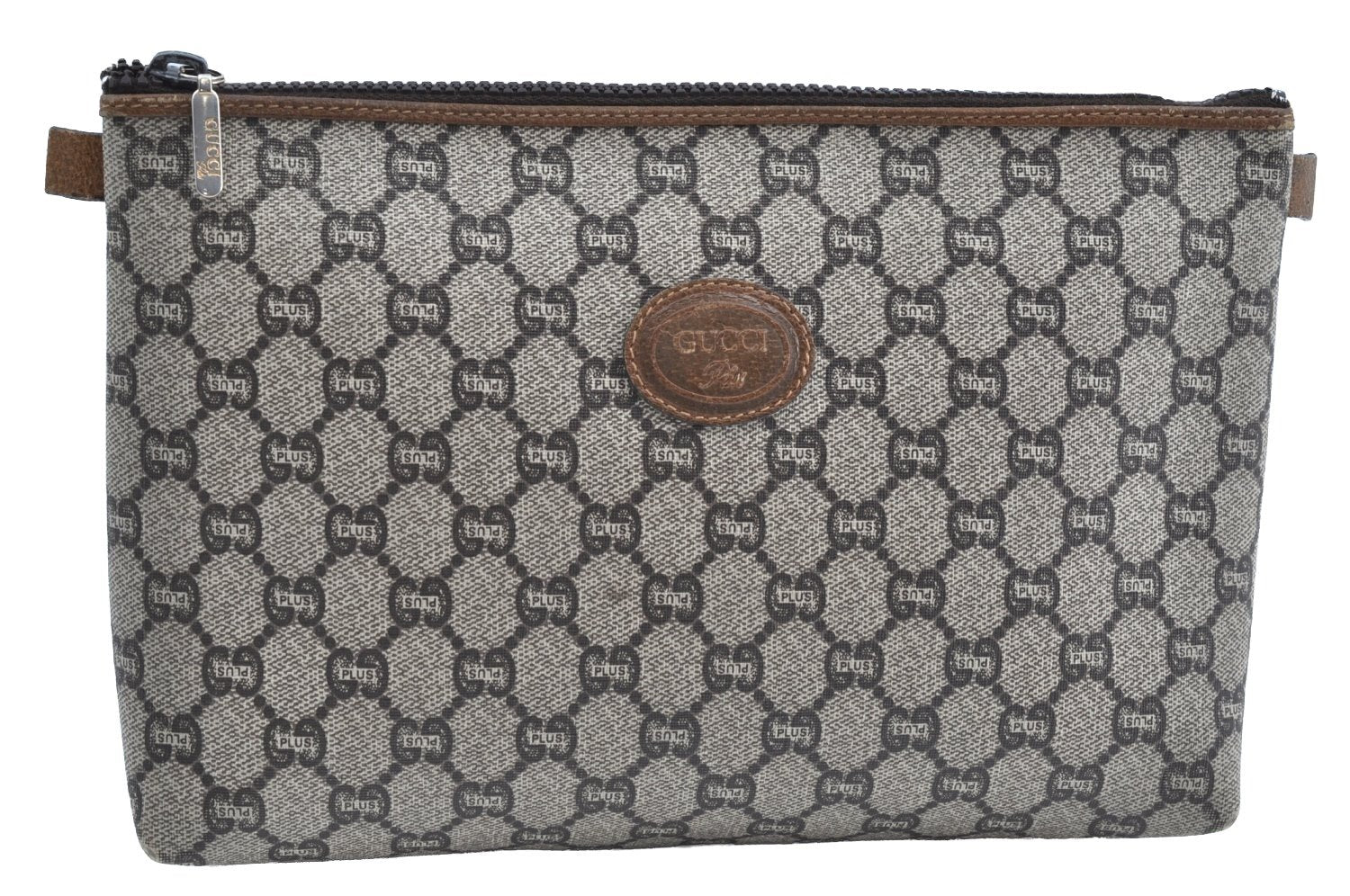 Authentic GUCCI GG Plus Clutch Hand Bag Purse GG PVC Leather Brown K5371