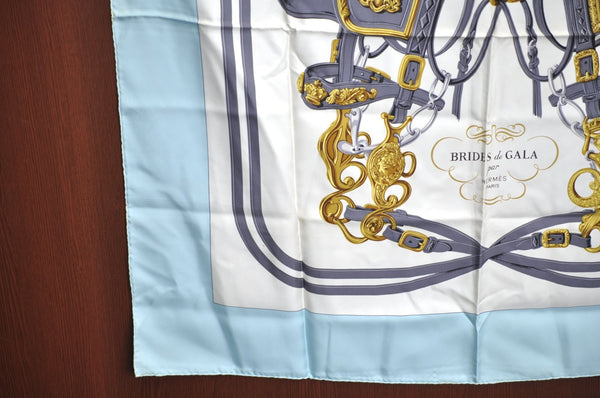 Authentic HERMES Carre 90 Scarf "BRIDES de GALA par" Silk Light Blue K5376