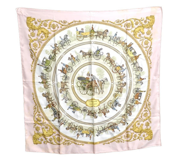 Authentic HERMES Carre 90 Scarf "LA PROMENADE DE LONGCHAMPS" Silk Pink K5379