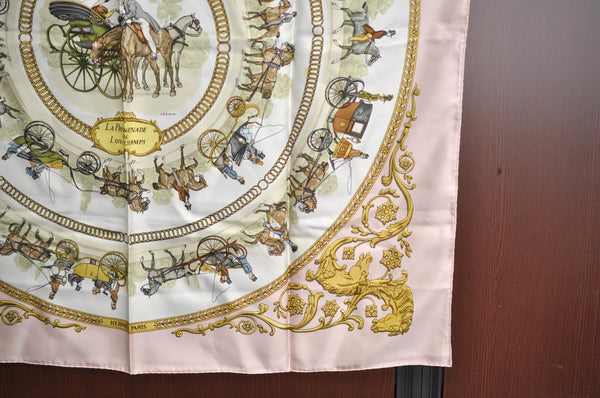 Authentic HERMES Carre 90 Scarf "LA PROMENADE DE LONGCHAMPS" Silk Pink K5379