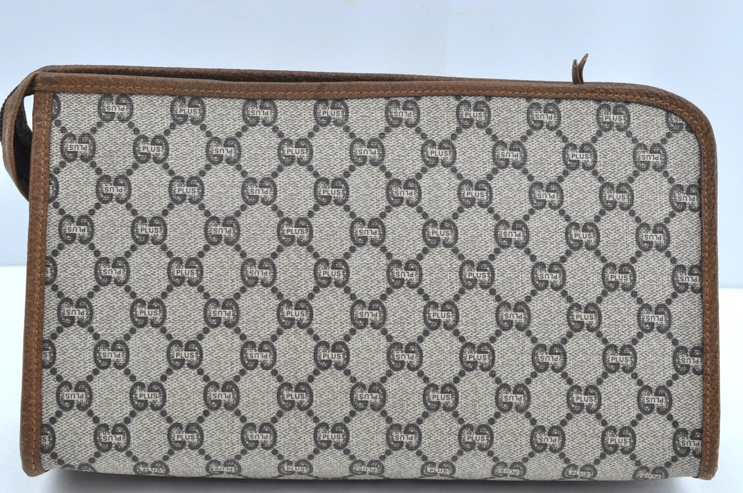 Authentic GUCCI GG Plus Clutch Hand Bag Purse GG PVC Leather Brown K5382