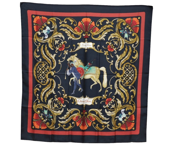 Authentic HERMES Carre 90 Scarf "Cheval Turc" Silk Black K5421