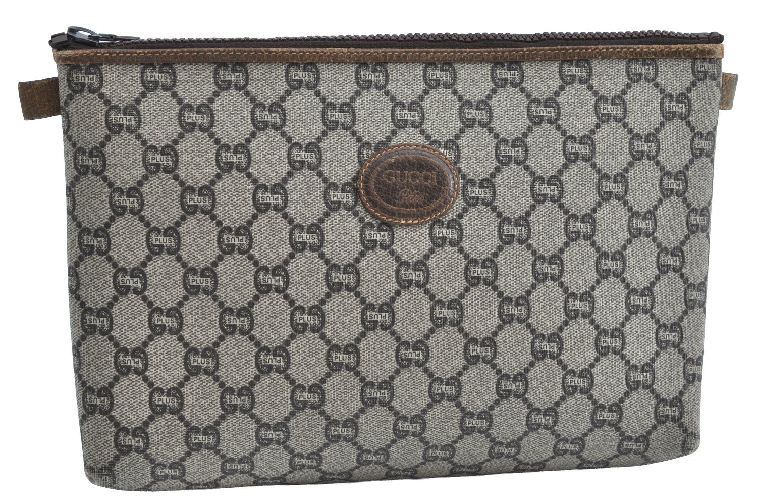 Authentic GUCCI GG Plus Clutch Hand Bag Purse GG PVC Leather Brown K5428
