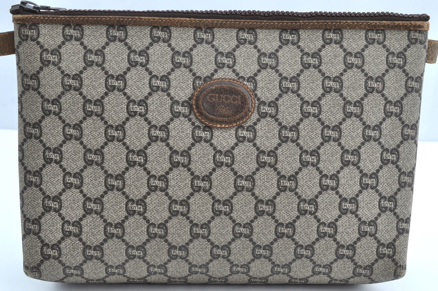 Authentic GUCCI GG Plus Clutch Hand Bag Purse GG PVC Leather Brown K5428