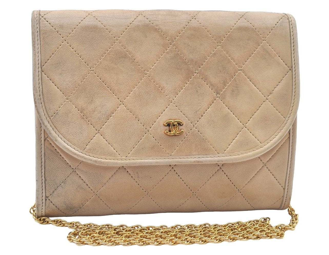 Authentic CHANEL Lamb Skin Matelasse Chain Shoulder Bag Purse Beige CC K5429