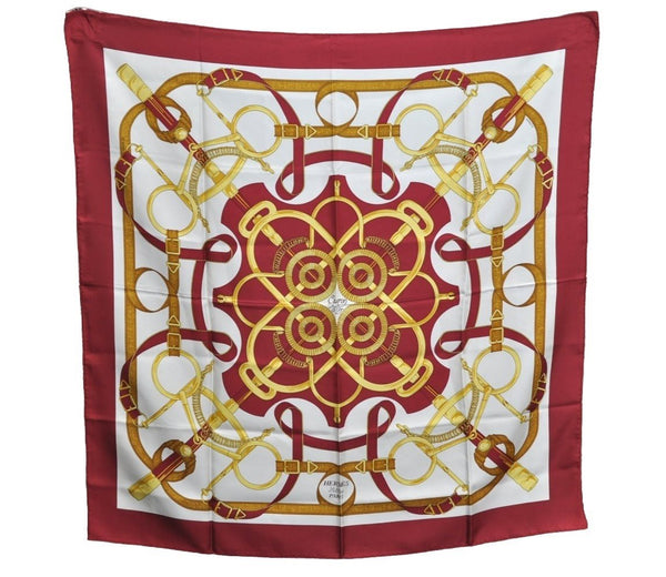 Authentic HERMES Carre 90 Scarf "Eperon d'or" Silk Bordeaux Red K5452