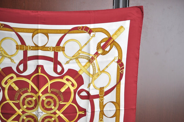 Authentic HERMES Carre 90 Scarf "Eperon d'or" Silk Bordeaux Red K5452