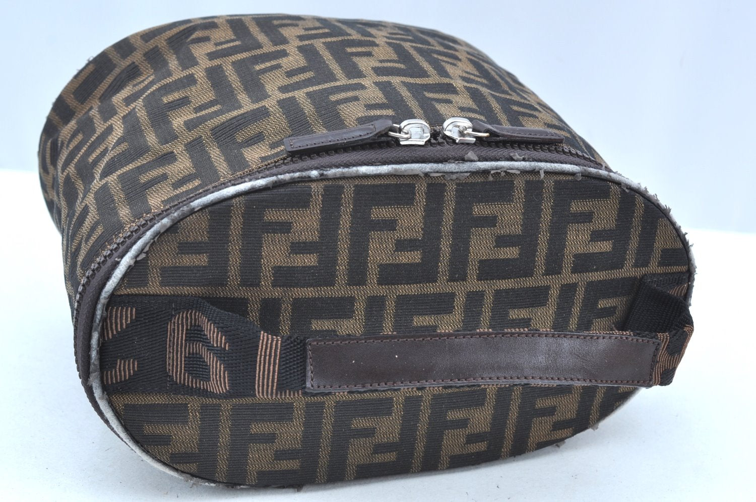 Authentic FENDI Zucca Vanity Bag Pouch Nylon Leather Brown K5464