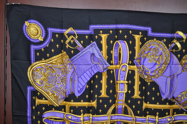 Authentic HERMES Carre 90 Scarf "SELLES A HOUSSE" Silk Black Purple K5466