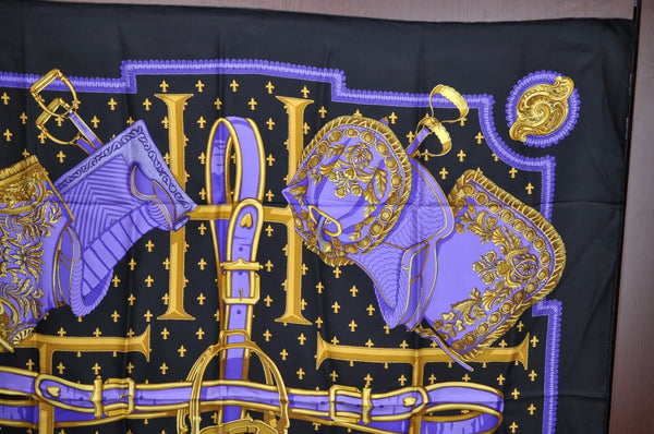 Authentic HERMES Carre 90 Scarf "SELLES A HOUSSE" Silk Black Purple K5466