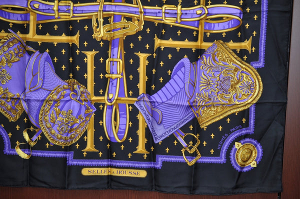 Authentic HERMES Carre 90 Scarf "SELLES A HOUSSE" Silk Black Purple K5466