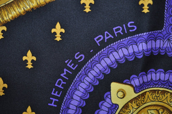 Authentic HERMES Carre 90 Scarf "SELLES A HOUSSE" Silk Black Purple K5466