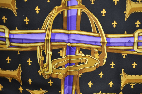 Authentic HERMES Carre 90 Scarf "SELLES A HOUSSE" Silk Black Purple Gold K5467