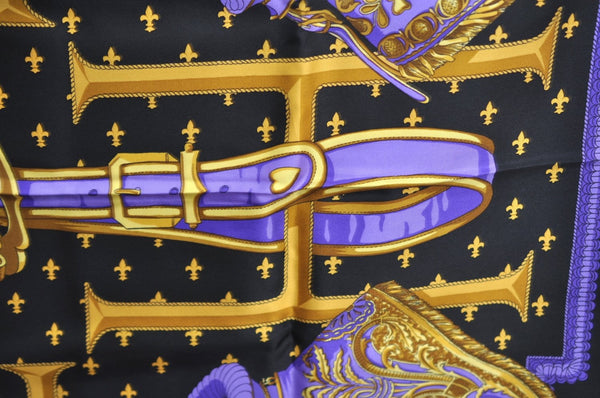 Authentic HERMES Carre 90 Scarf "SELLES A HOUSSE" Silk Black Purple Gold K5467