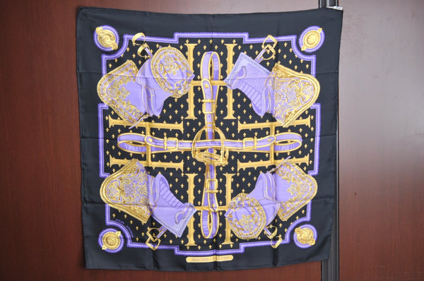 Authentic HERMES Carre 90 Scarf "SELLES A HOUSSE" Silk Black Purple Gold K5467