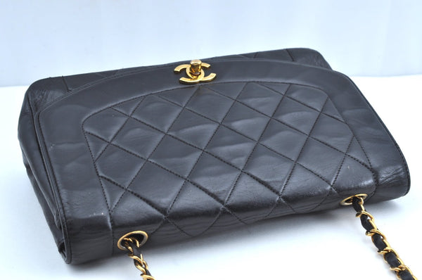 Authentic CHANEL Lamb Skin Turnlock Matelasse Shoulder Cross Bag Black K5493