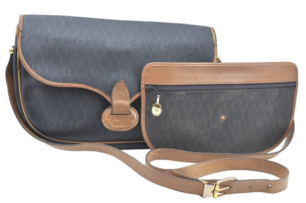 Authentic Christian Dior Honeycomb Shoulder Cross Bag PVC Leather Black CD K5502