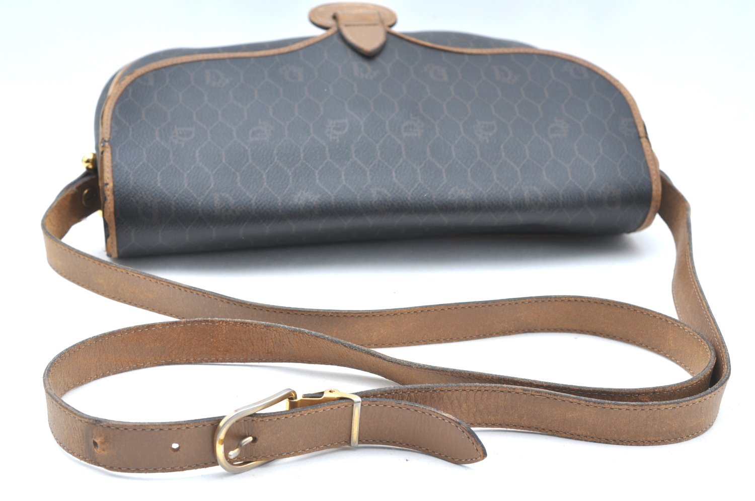 Authentic Christian Dior Honeycomb Shoulder Cross Bag PVC Leather Black CD K5502