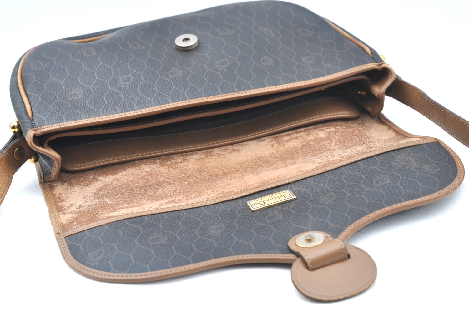 Authentic Christian Dior Honeycomb Shoulder Cross Bag PVC Leather Black CD K5502