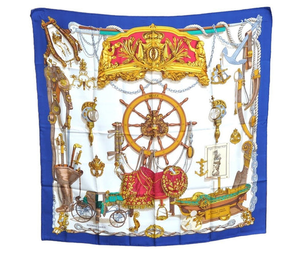 Authentic HERMES Carre 90 Scarf "MUSEE" Silk Blue K5519