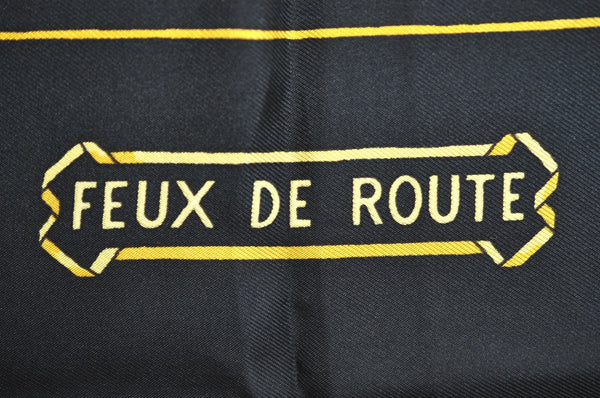 Authentic HERMES Carre 90 Scarf "Feux De Route" Silk Black Gold K5592