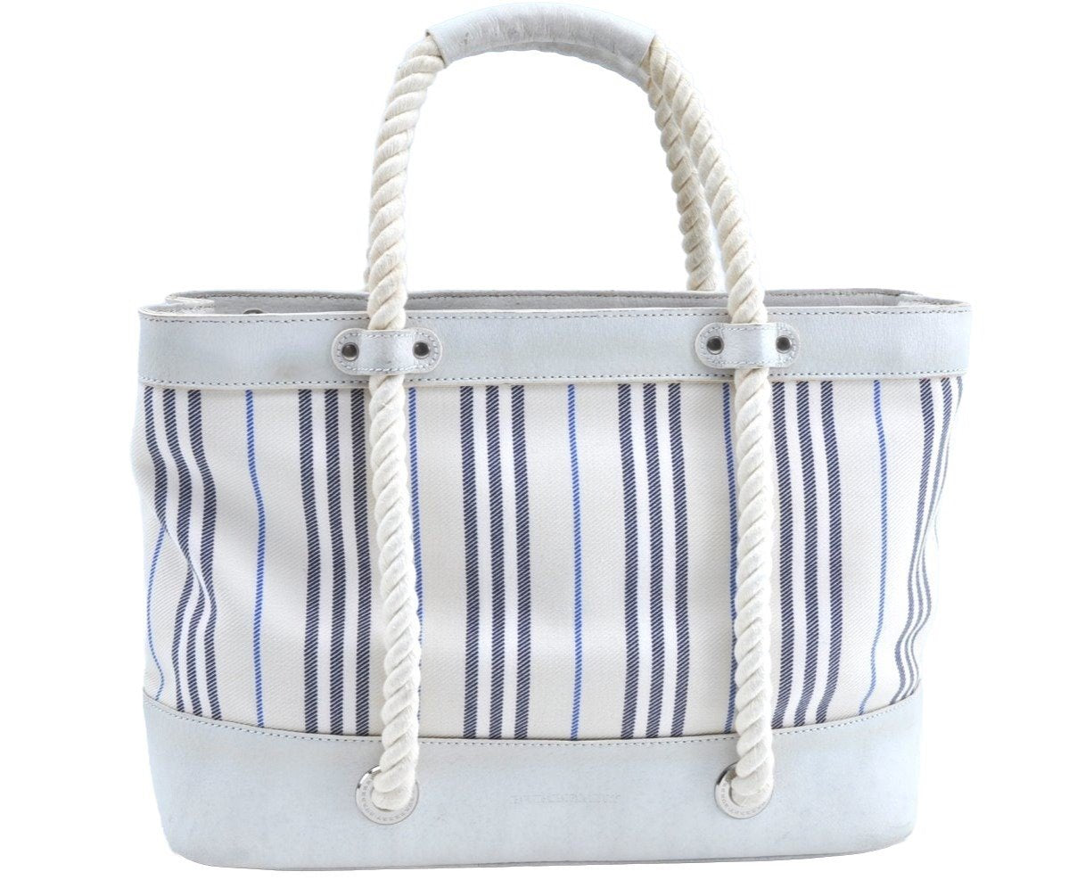 Authentic BURBERRY Vintage Stripe Canvas Leather Shoulder Hand Bag White K5593