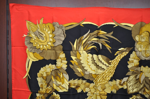 Authentic HERMES Carre 90 Scarf "TAHITI" Silk Red Gold Black K5596