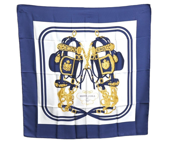 Authentic HERMES Carre 90 Scarf "BRIDES de GALA par" Silk Navy Blue K5606