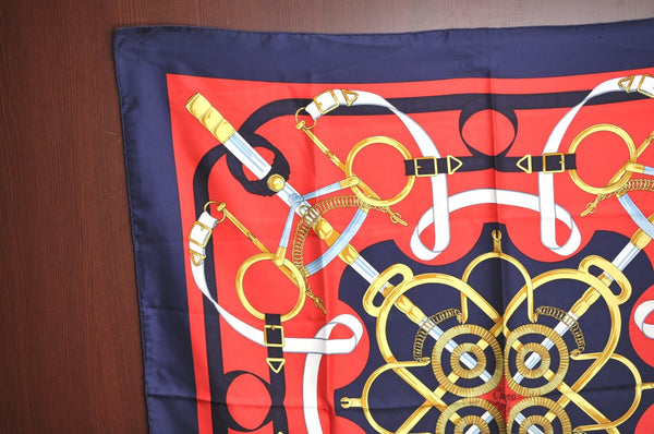 Authentic HERMES Carre 90 Scarf "Eperon d'or" Silk Navy Blue Red K5611