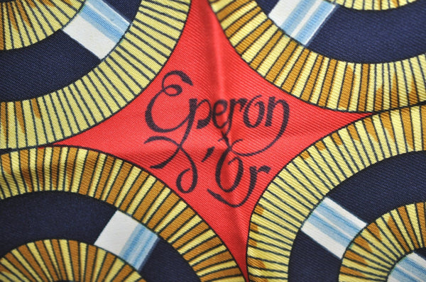 Authentic HERMES Carre 90 Scarf "Eperon d'or" Silk Navy Blue Red K5611